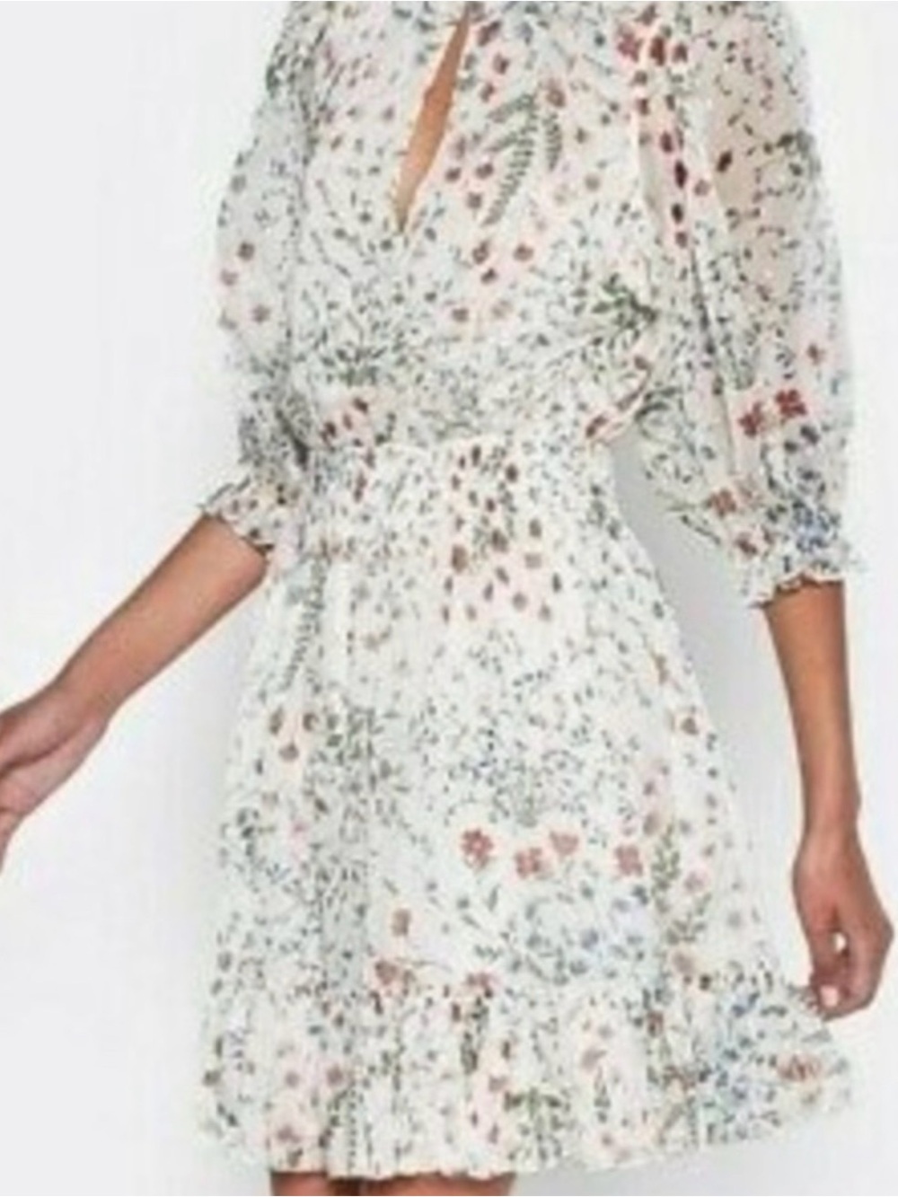 Joie Women’s XS Ivory Floral High Neck Smocked Ruffle 3/4 Puff Mini Dress